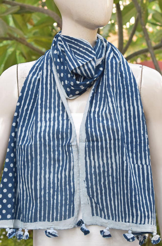 Elegant Indigo Hand block printed Cotton stole with cloth tassels