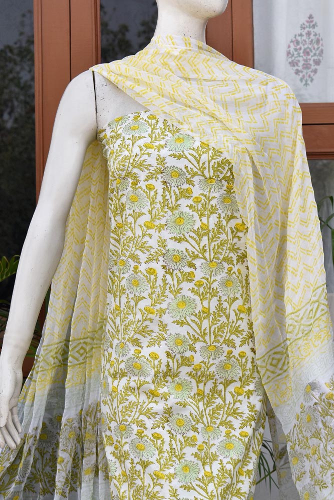 Shwet : Summery White Block Printed Cotton unstitched suit fabric with Chiffon dupatta