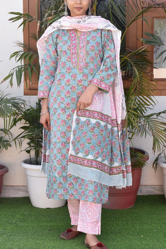 Hand Block Printed Cotton suit with Hand Embroidery - Kurta , Cotton Dupatta & Pant - size 38, 40
