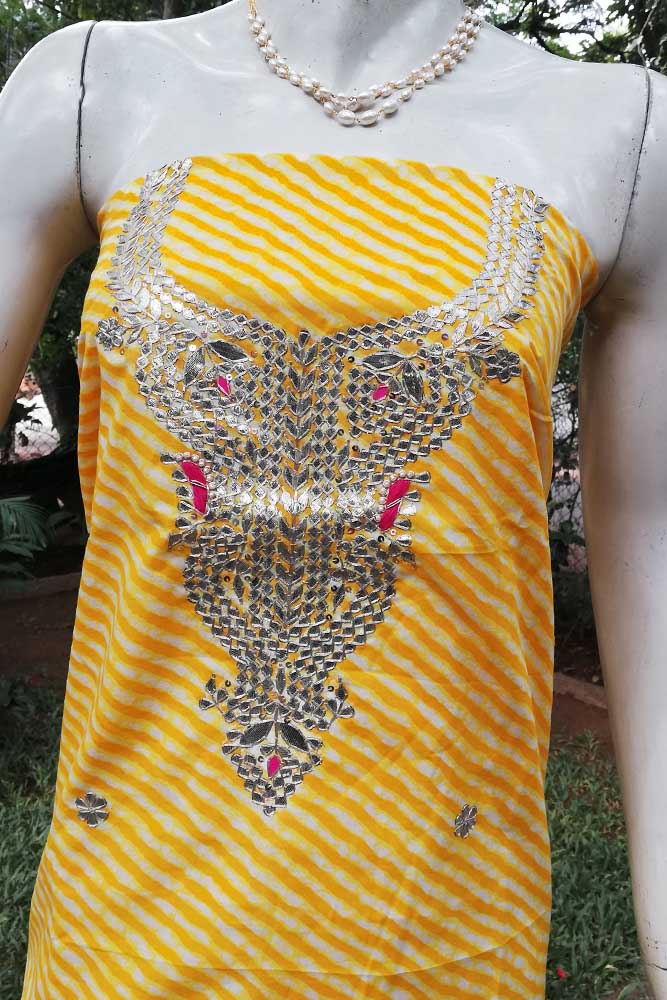 Cotton Kurta fabric with Hand Embroidery, gota/mirror work