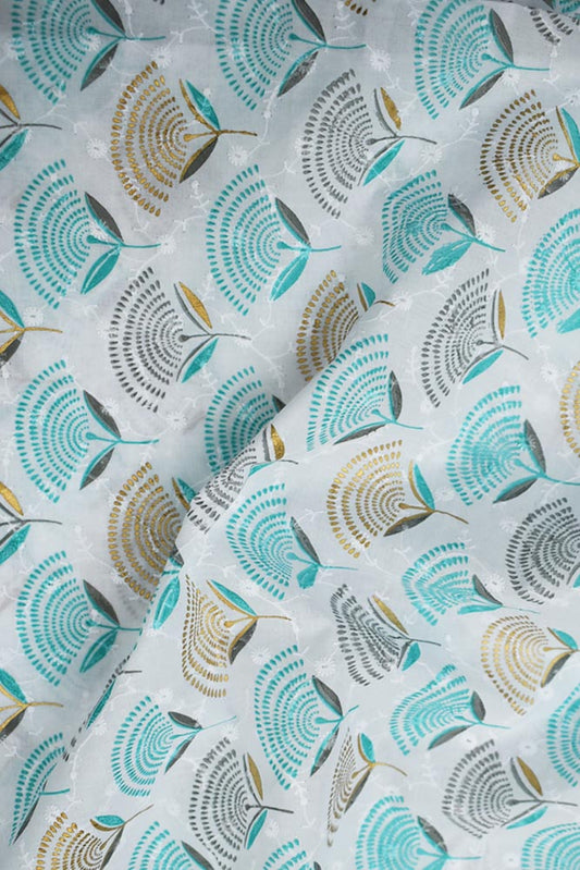Beautiful white cotton fabric with self embroidery & print (2.5 mtrs cut)