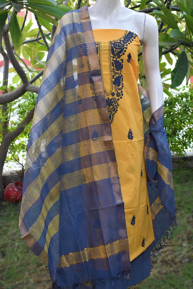 Elegant Handloom Mangalgiri Cotton Unstitched suit Fabric with Chikankari work