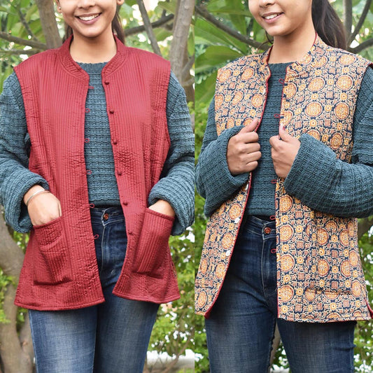 Block Print Quilted Reversible Sleeveless cotton jacket -Size 42
