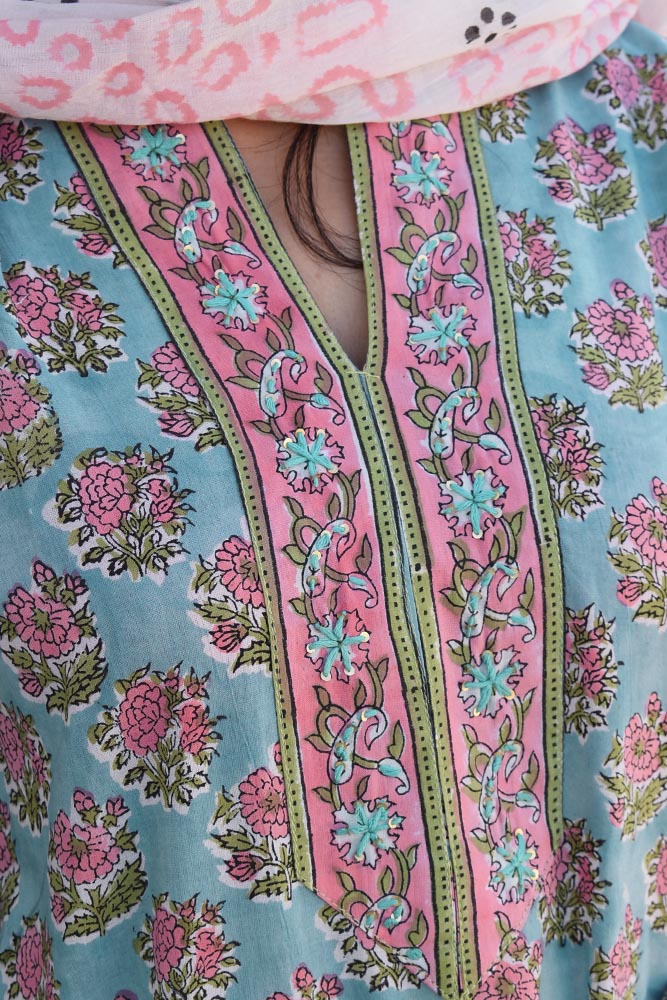 Hand Block Printed Cotton suit with Hand Embroidery - Kurta , Cotton Dupatta & Pant - size 38, 40
