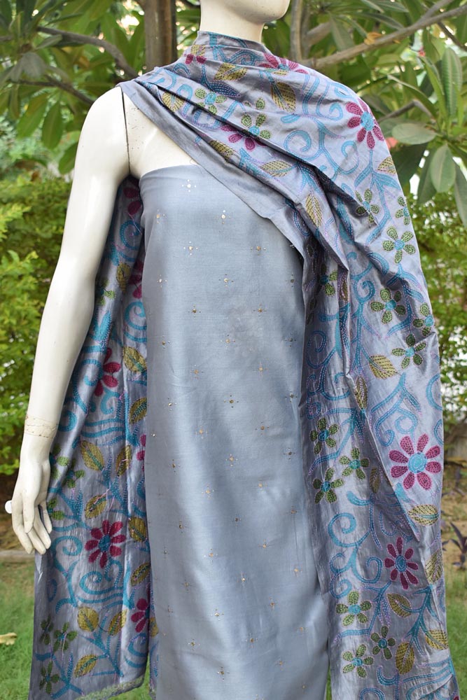 Elegant Hand Kantha Embroidery work silk dupatta with Chanderi Muqaish Work Kurta