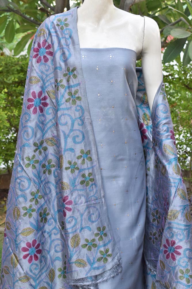 Elegant Hand Kantha Embroidery work silk dupatta with Chanderi Muqaish Work Kurta
