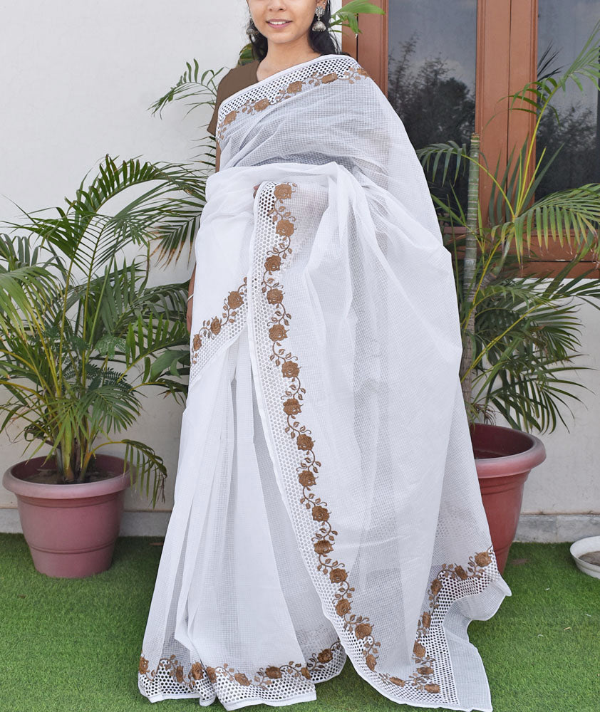 Elegant Kota Doria Cotton saree with Cut work & Embroidery ( with blouse piece)