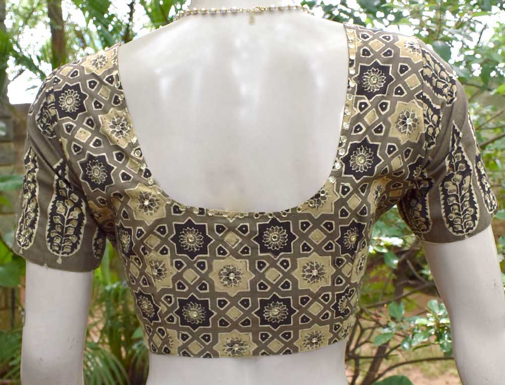 Hand Block Print Ajrakh Cotton Blouse with hand done mirror work -size 38 , 40, 42