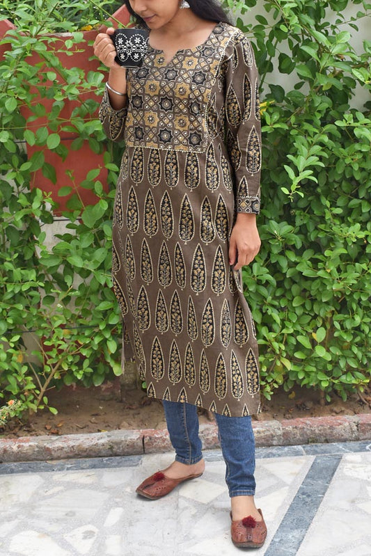 Hand Block Printed Ajrakh Cotton Kurta with Hand embroidery & gota borders