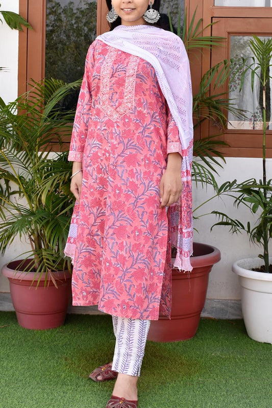 Hand Block Printed Cotton suit with Hand Embroidery - Kurta , Chiffon Dupatta & Pant - size 38,42