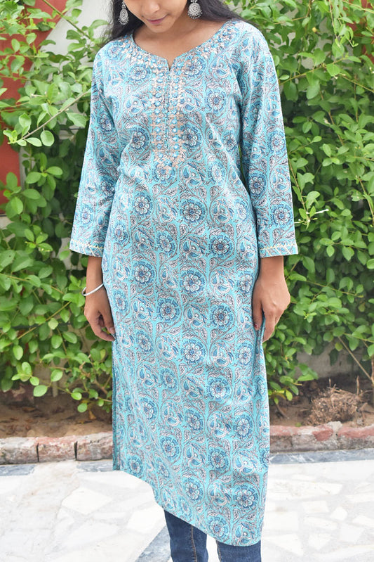 Hand Block Print Cotton Kurta with mirror & pitta work