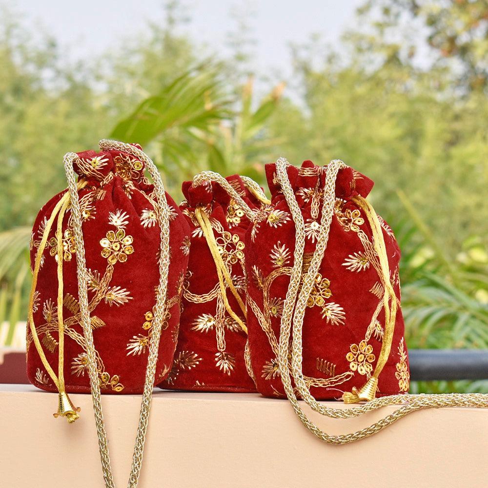 Embroidered Velvet Potlis for gifting - Set of 4 potlis