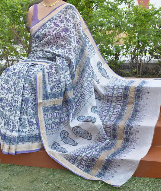 Elegant Handwoven Maheshwari Silk cotton Saree with Sanganer Block printing