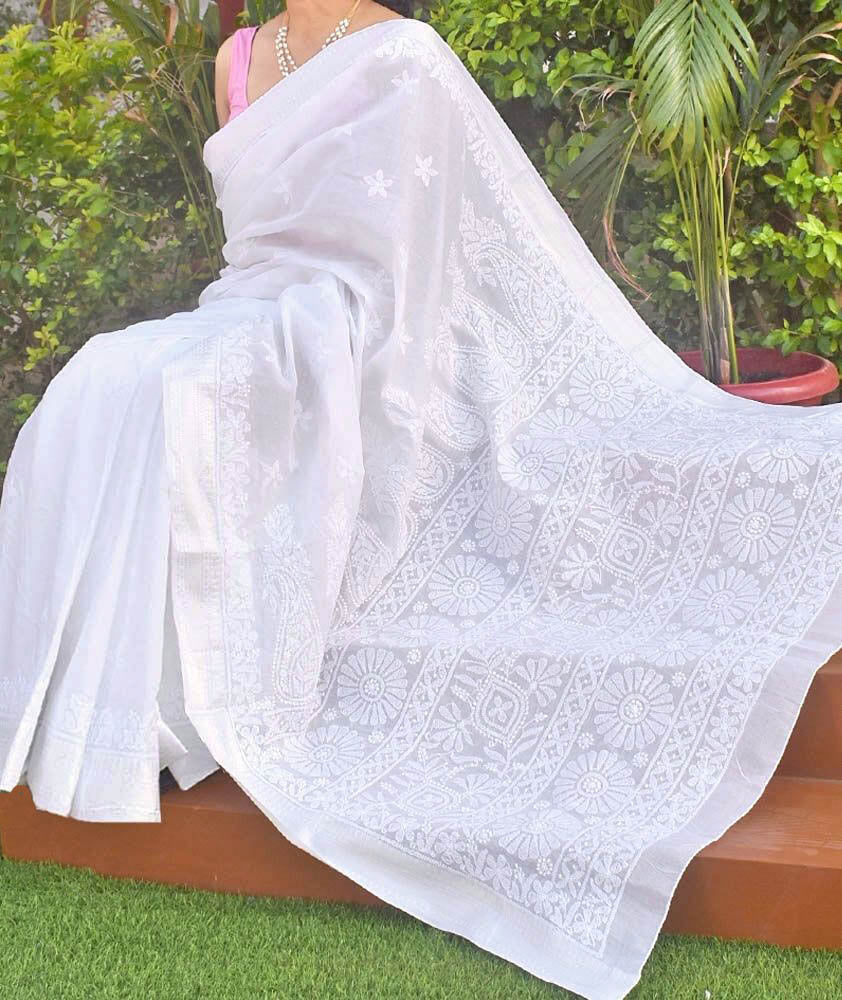 Elegant Soft Cotton Saree with Hand Chikankari work on Border, Bootis & Heavy Palla