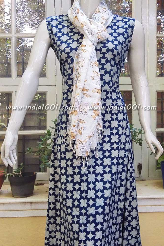 Elegant Block Printed Cotton Long Dress