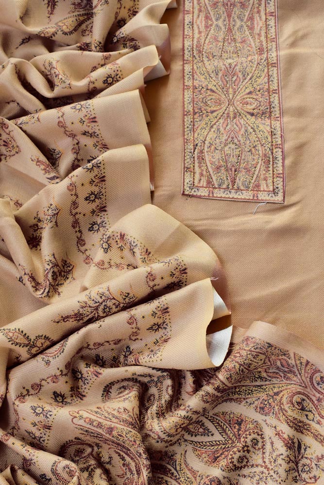 Beautiful Woolen Suit fabric with printed Kani patterns & swarovski stones