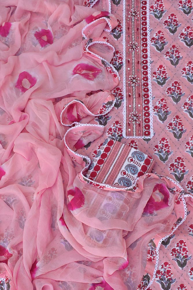 Beautiful Cotton Unstitched Suit Fabric with Hand Embroidery & Hand Tie Dye  Chiffon dupatta