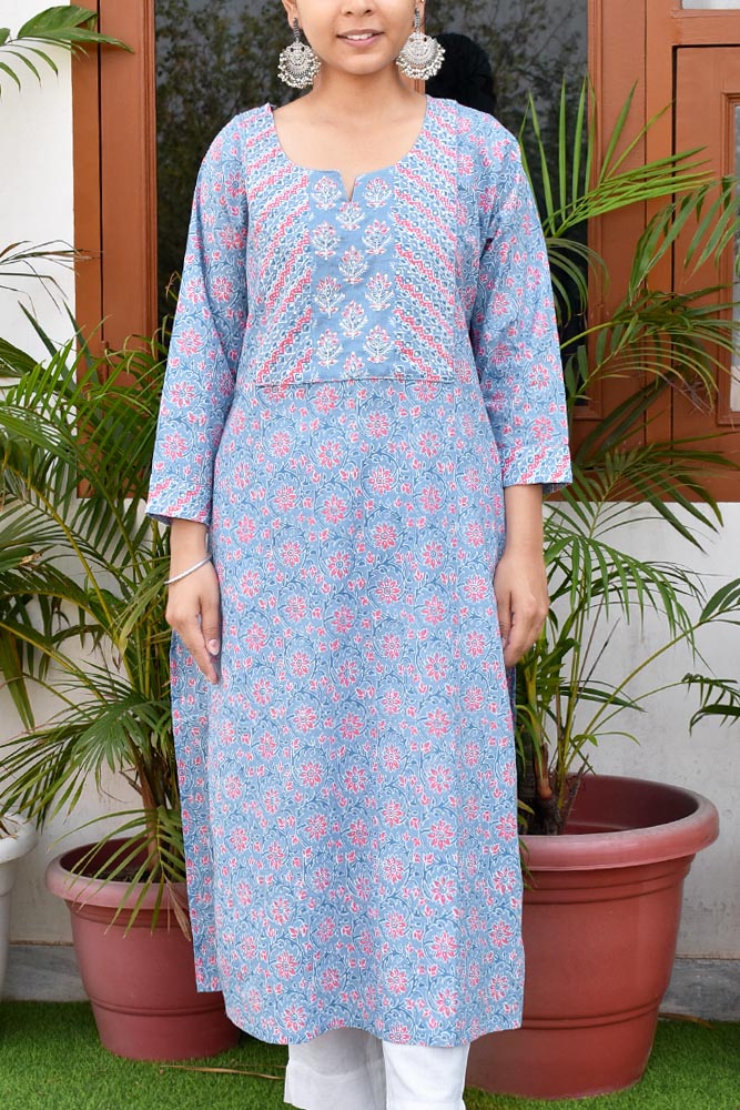 Beautiful Cotton Kurta with Hand Tagai Embroidery & Aari work & Embroidered Sequins  Size -   40, 42, 44