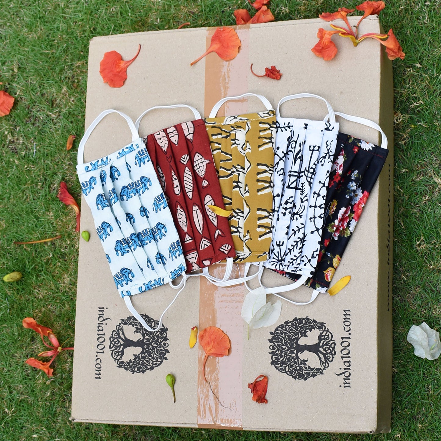 Set of 5 - Kids ( 4-10) Block printed Cotton Masks