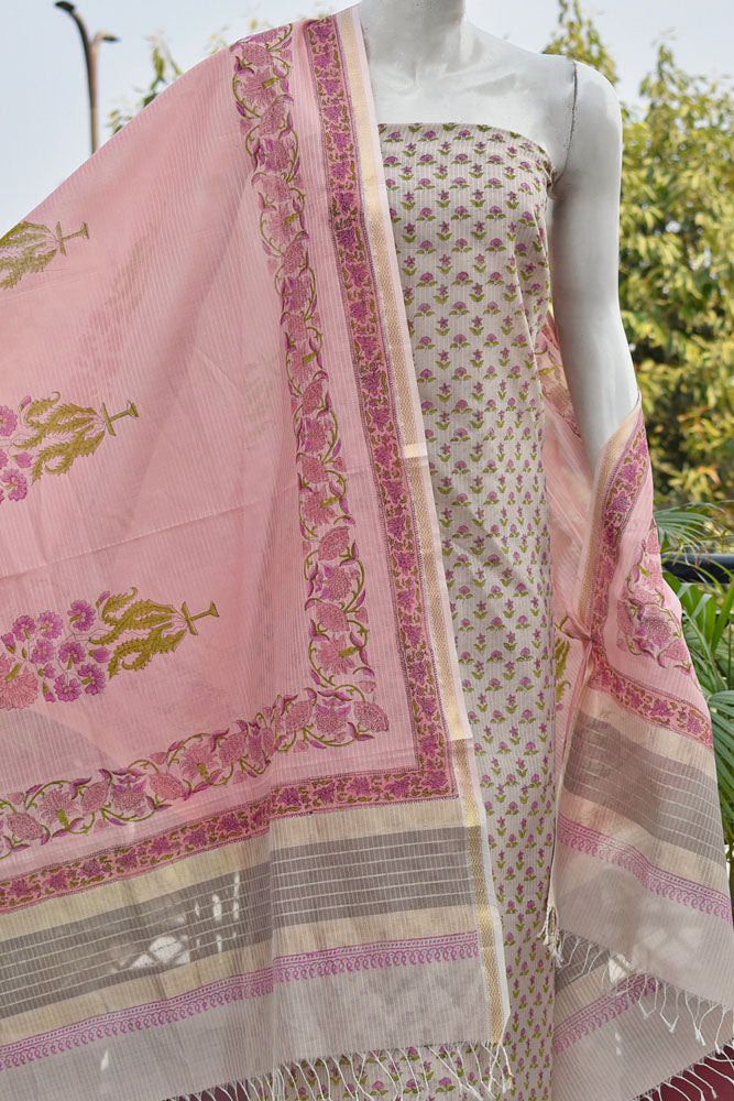 Elegant Handwoven Maheshwari si-co dupatta & kurta with Sanganer block print