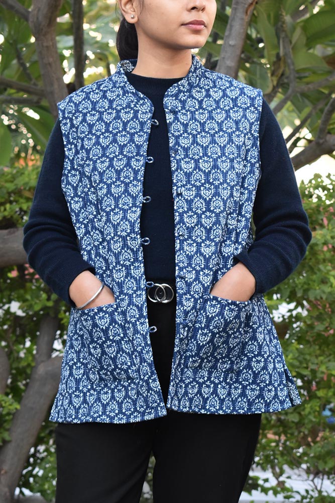 Block Print Quilted Reversible Sleeveless cotton jacket -Size  40, 42 , 44