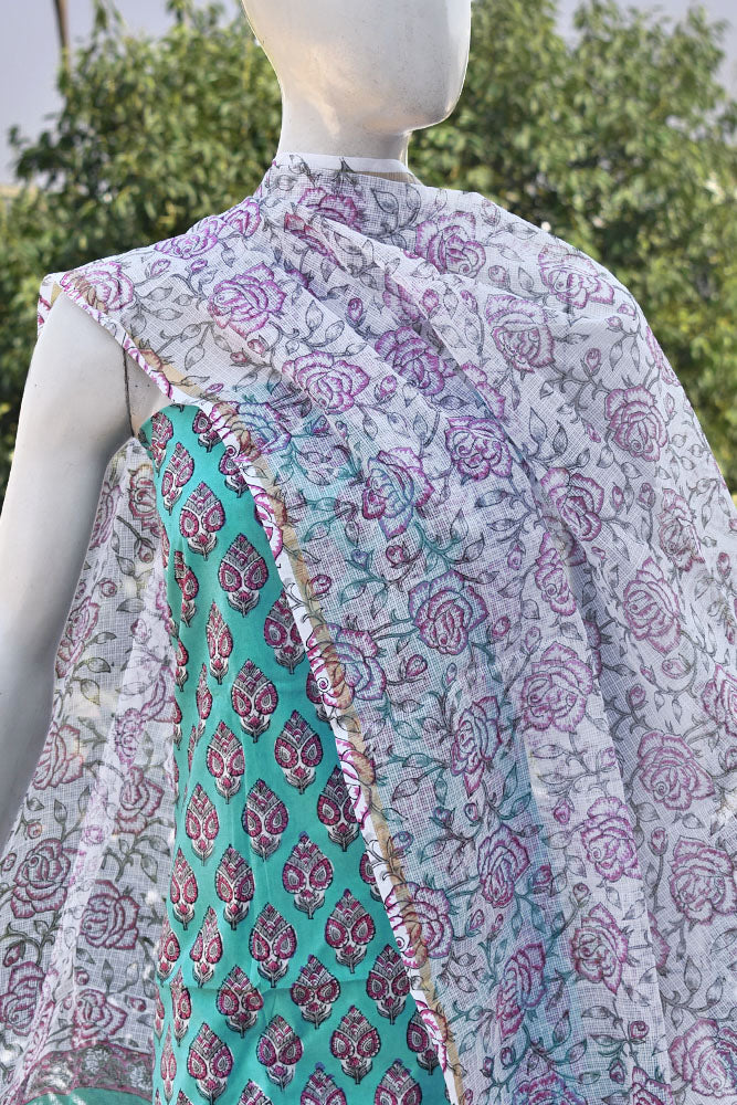 Beautiful Block Printed Cotton Unstitched Suit Fabric with Kota dupatta