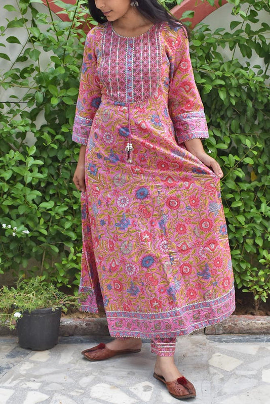 Hand Block Printed kalidaar Cotton Kurta & Bottom Set