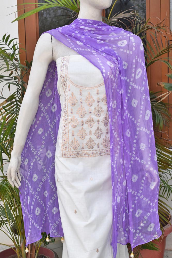 Beautiful Milky White Slub Cotton Unstitched Suit Fabric with Pittan work & Hand Tie Dye  Chiffon dupatta