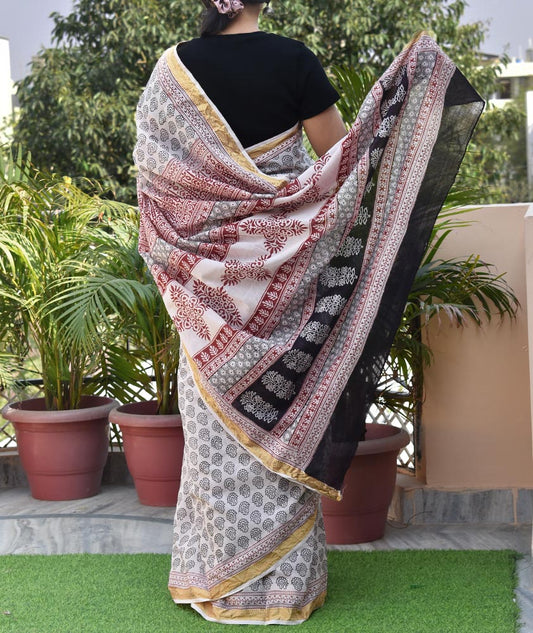 Maheshwari Cotton Saree with Bagh Block Print and zari border
