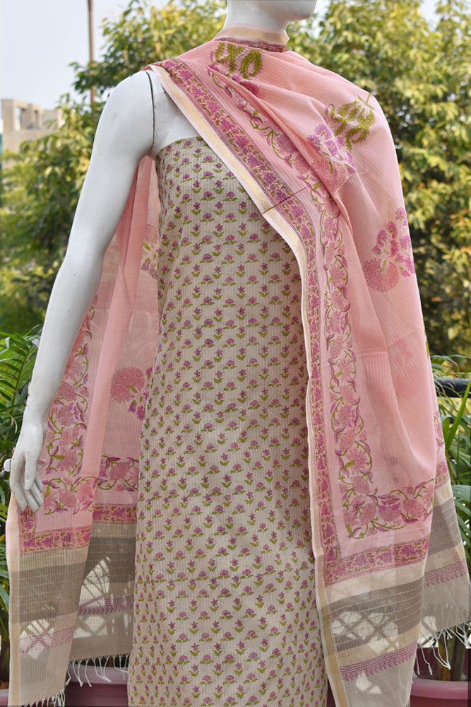 Elegant Handwoven Maheshwari si-co dupatta & kurta with Sanganer block print