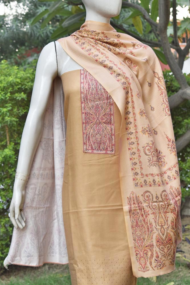 Beautiful Woolen Suit fabric with printed Kani patterns & swarovski stones
