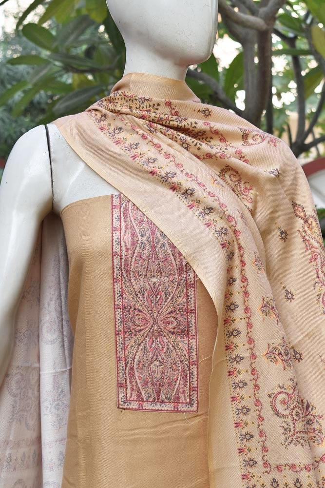 Beautiful Woolen Suit fabric with printed Kani patterns & swarovski stones