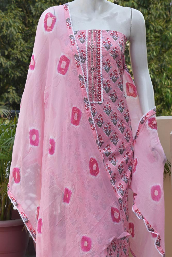 Beautiful Cotton Unstitched Suit Fabric with Hand Embroidery & Hand Tie Dye  Chiffon dupatta