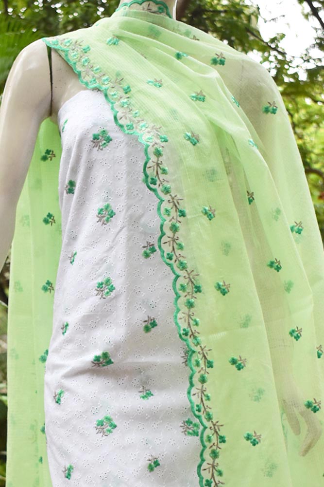Beautiful Embroidered Cotton & Kota Unstitched Suit Fabric