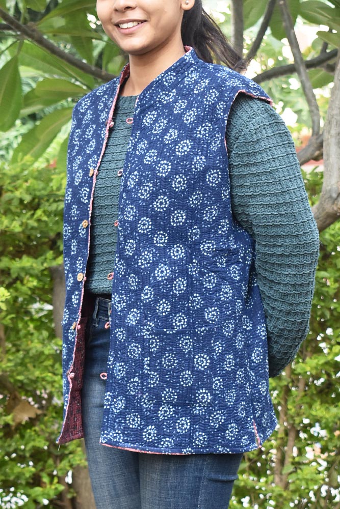 Block Print Quilted Reversible Sleeveless cotton jacket -Size  42