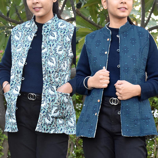 Block Print Quilted Reversible Sleeveless cotton jacket -Size  36