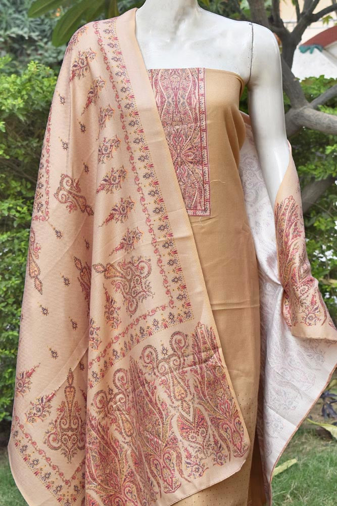 Beautiful Woolen Suit fabric with printed Kani patterns & swarovski stones