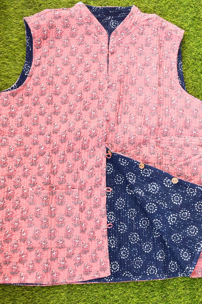 Block Print Quilted Reversible Sleeveless cotton jacket -Size  42