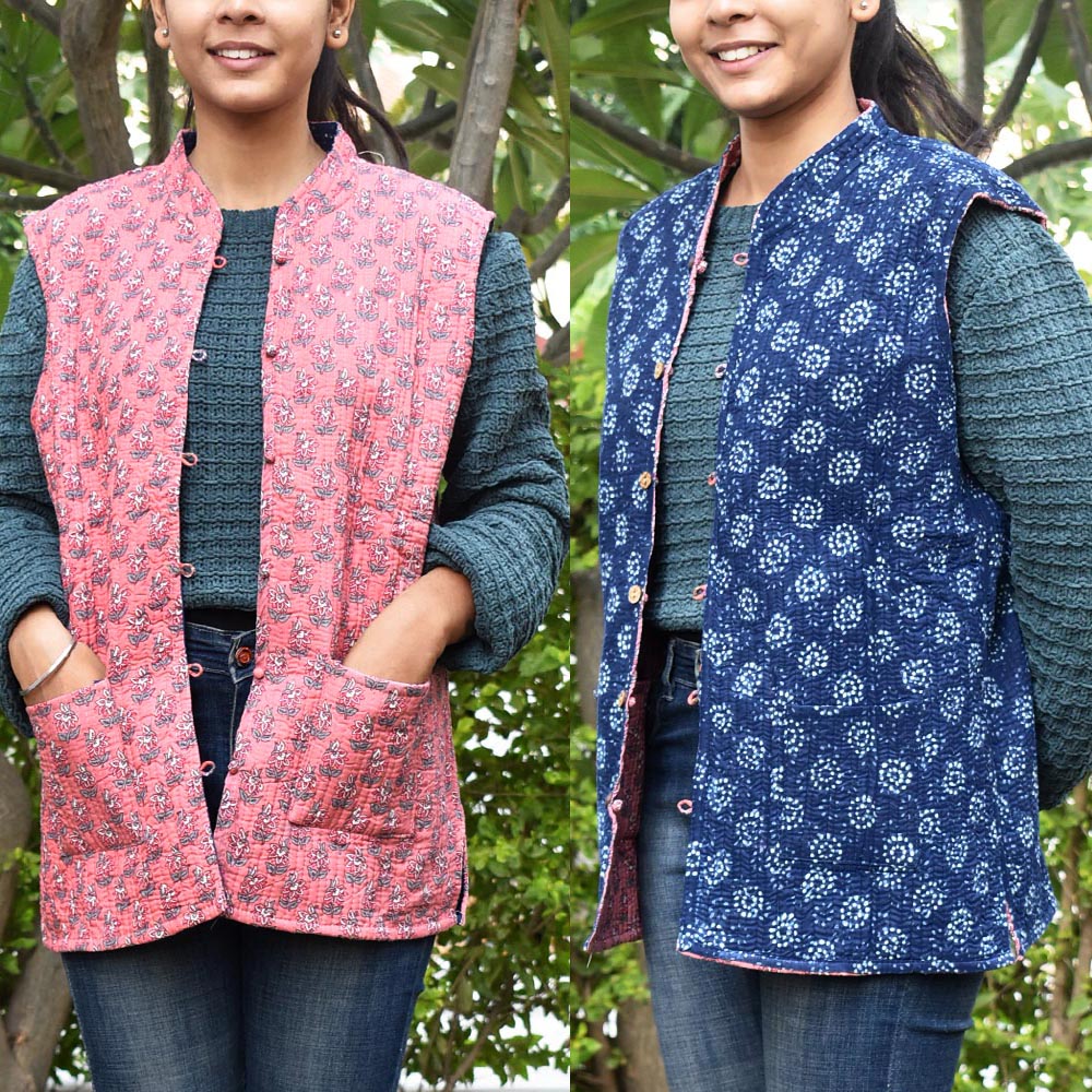 Block Print Quilted Reversible Sleeveless cotton jacket -Size  42