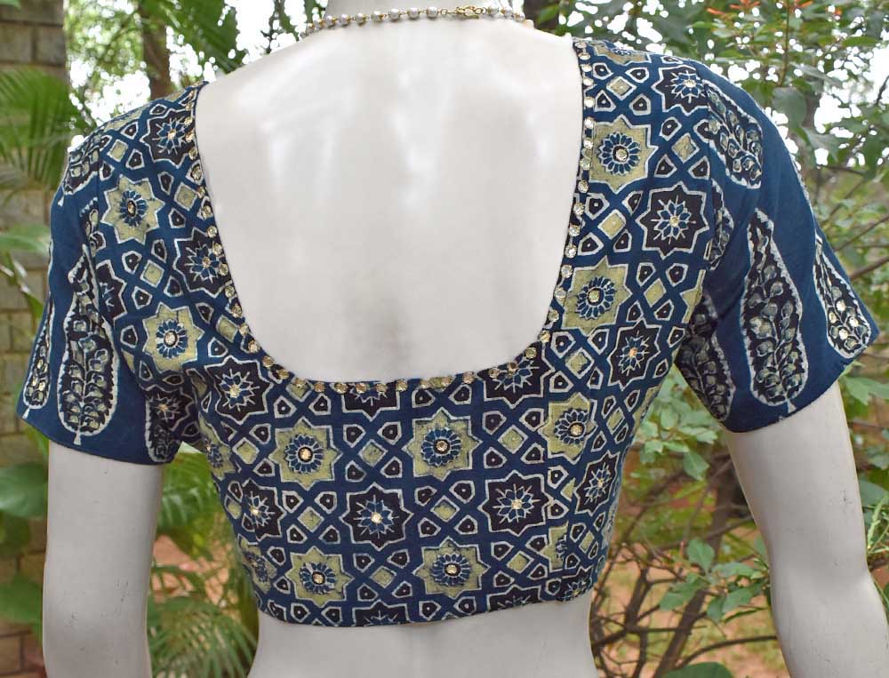 Hand Block Print Ajrakh Cotton Blouse with hand done mirror work - size 40