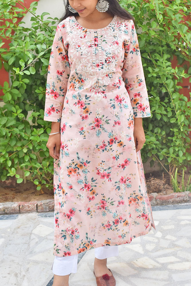 Beautiful Linen Cotton Kurta with Embroidery & white flex cotton bottom bottom Size 38