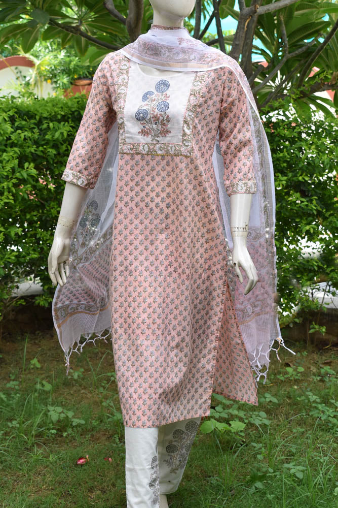 Hand Block Printed Cotton suit - Kurta , Dupatta & Pant - size 42