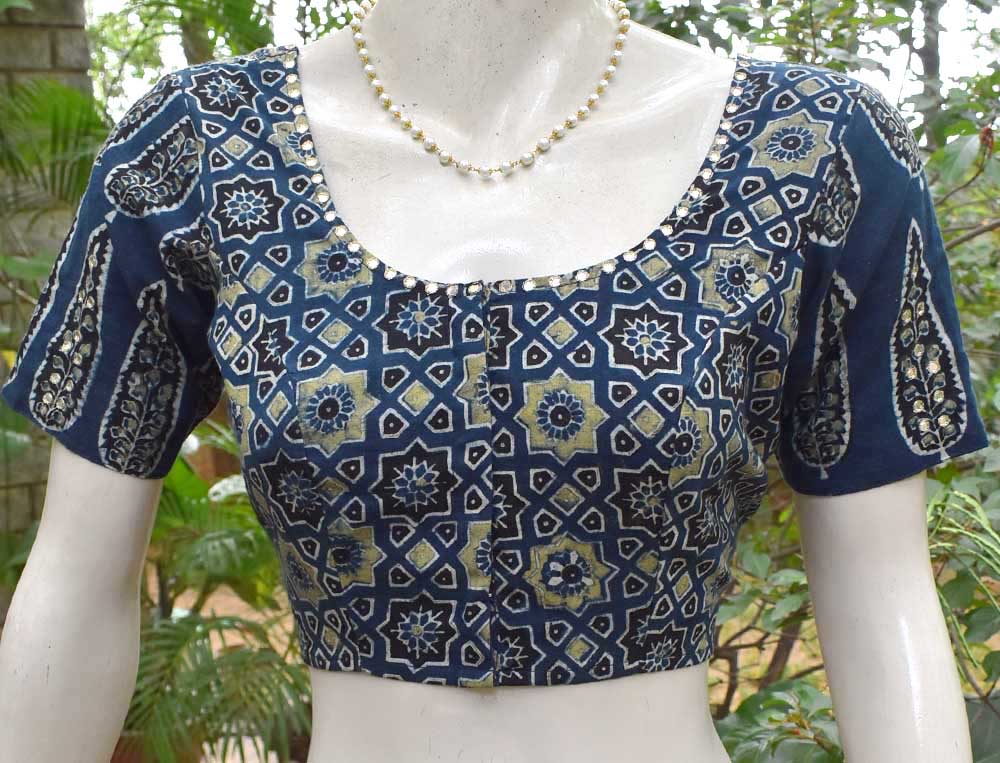 Hand Block Print Ajrakh Cotton Blouse with hand done mirror work - size 40