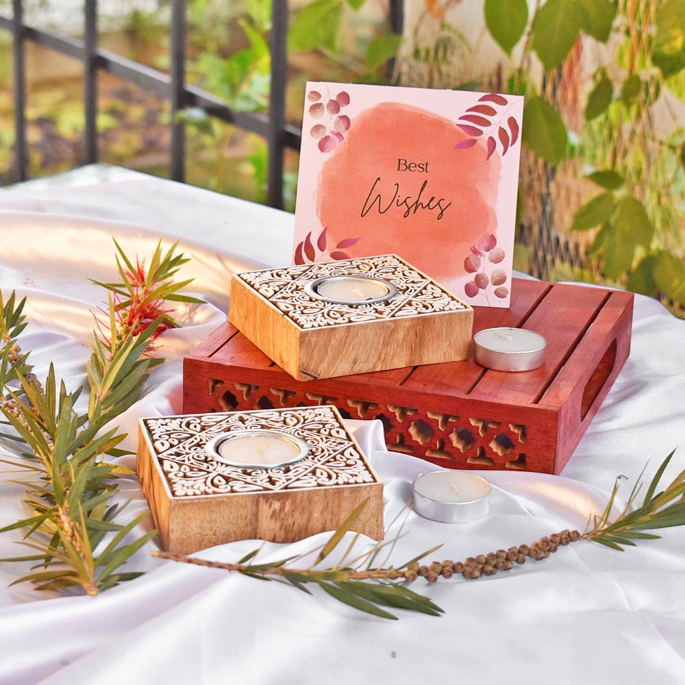 Gift Hamper - Wooden Carved T Light Holders - Set of 2 holders