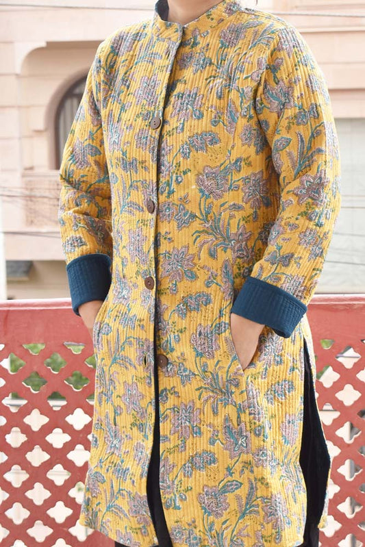 Block Print Quilted Reversible Long cotton jacket - size  40
