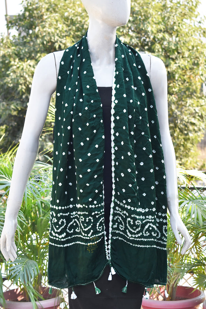 Beautiful Handcrafted Bandhani Modal Silk Stole with tassels