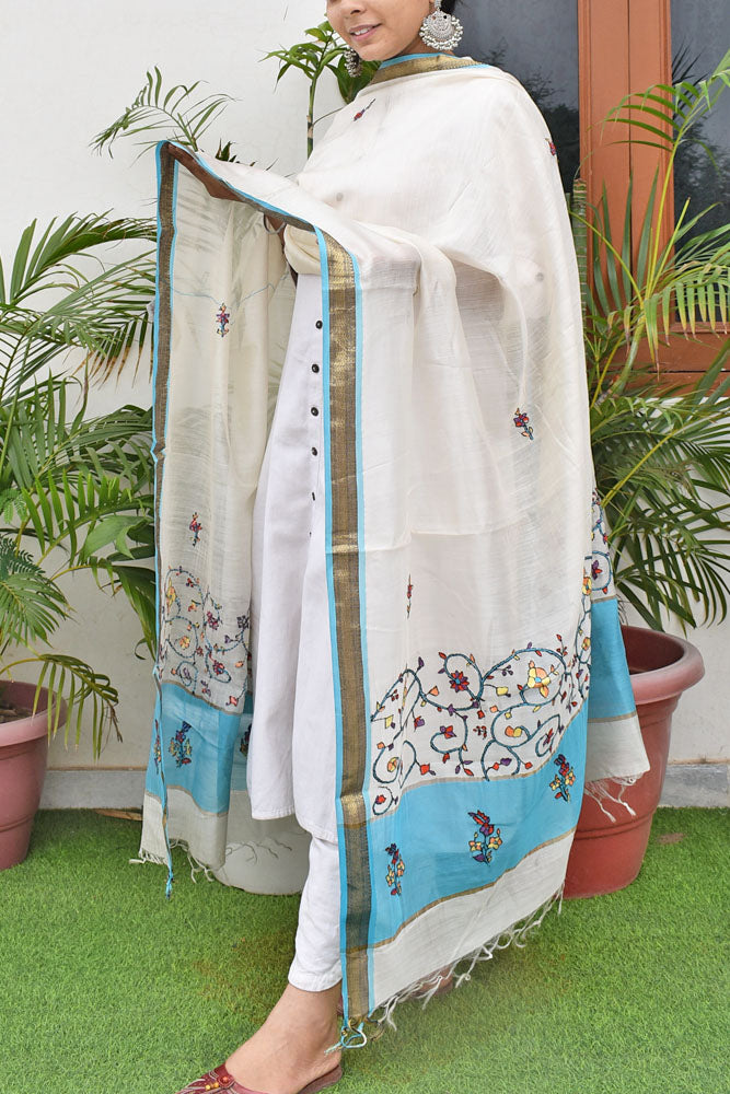 Elegant  Pure Maheshwari Silk Cotton Dupatta with Kashmiri Hand Embroidery