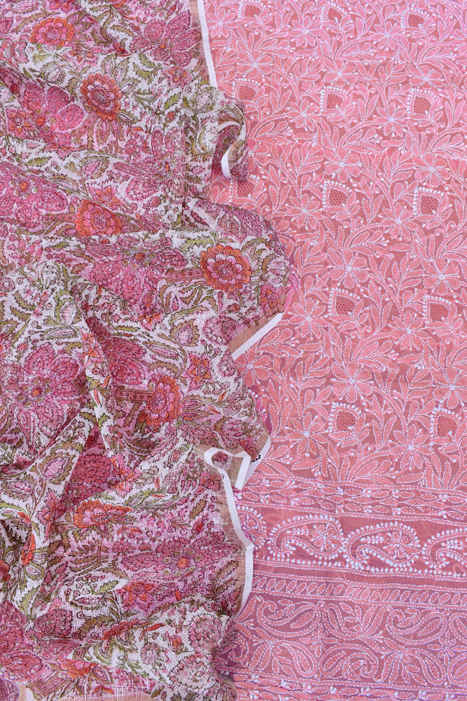 Hand Embroidered Chikankari work Voile kurta fabric with Sanganeri Kota dupatta
