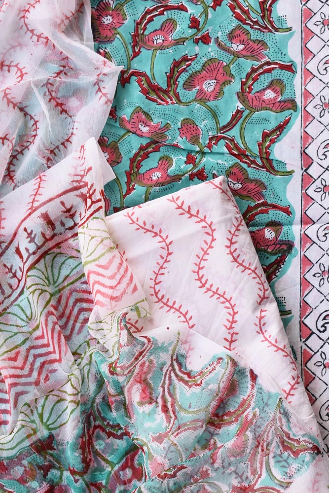 Beautiful Block Printed Cotton unstitched suit fabric with Chiffon dupatta