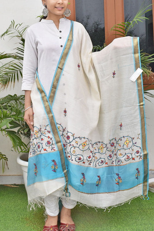 Elegant  Pure Maheshwari Silk Cotton Dupatta with Kashmiri Hand Embroidery